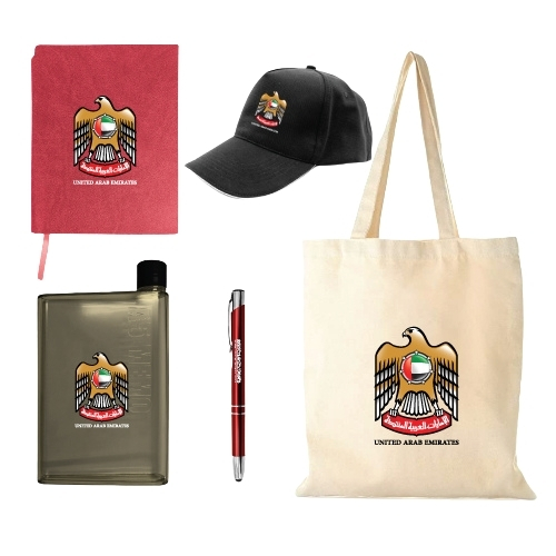 UAE Day gift set with a cap, pen, bottle, diary & jute bag printed with National brand logos