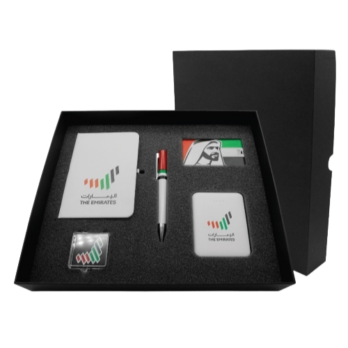 UAE Day gift set with a pen, diary, wallet, powerbank & keychain printed with National brand logos (uae national day gifts suppliers)