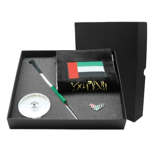 UAE Day gift set with a flag stand, pin & scarf printed with National brand logos